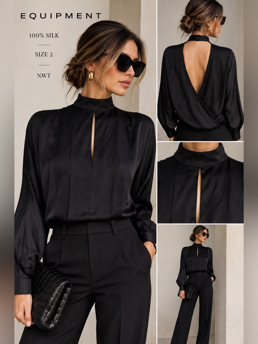 Equipment Black Silk High-Neck Keyhole Back-Open Blouse Size 2 – NWT